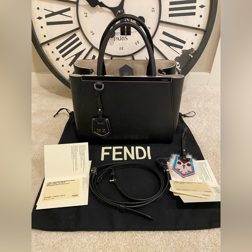 Fendi 2Jours Shoulder Bag Petite Black Leather With Mink & Leather Tag